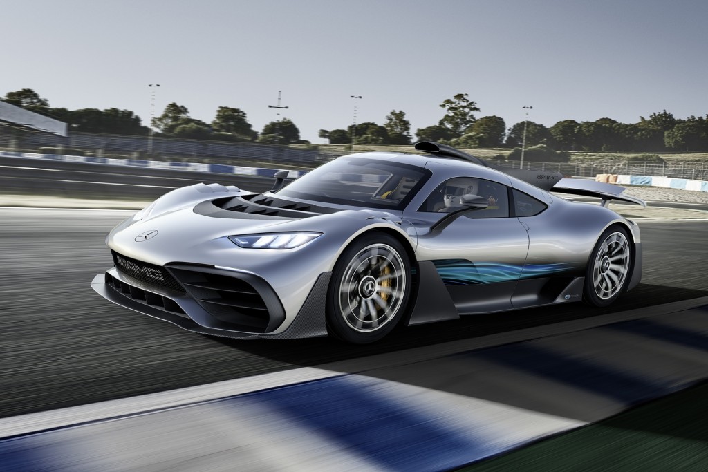 Showcar Mercedes-AMG Project ONE, zweisitziger Supersportwagen-mit modernster und effizientester Formel 1-Hybrid-Technologie, High Performance Plug-in Hybrid Antriebsstrang mit 1,6-Liter-V6-Turbobenzinmotor und vier Elektromotoren  Showcar Mercedes-AMG Project ONE, two-seater supersports car with the very latest and efficient, fully-fledged Formula 1 hybrid technology, high-performance plug-in hybrid drive system with 1.6 1.6-litre V6 turbocharged petrol engine and four electric motors