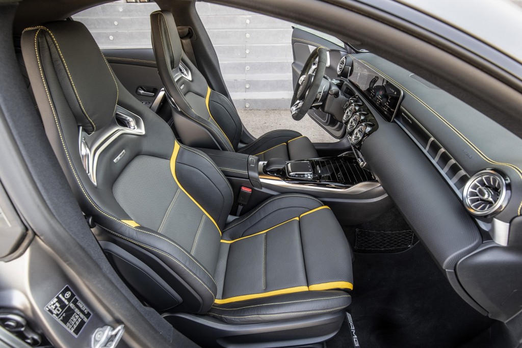 Mercedes-AMG CLA 45 S 4MATIC+, designo mountain grau magno, Leder - Nappa AMG schwarz mit gelben Kontrastziernähten;Kraftstoffverbrauch kombiniert: 8,3-8,1 l/100 km; CO2-Emissionen kombiniert: 189-186 g/km* Mercedes-AMG CLA 45 S 4MATIC+, designo mountain gray magno, Leather – black, with yellow topstitching;Fuel consumption combined: 8.3-8.1 l/100 km; Combined CO2 emissions: 189-186 g/km*