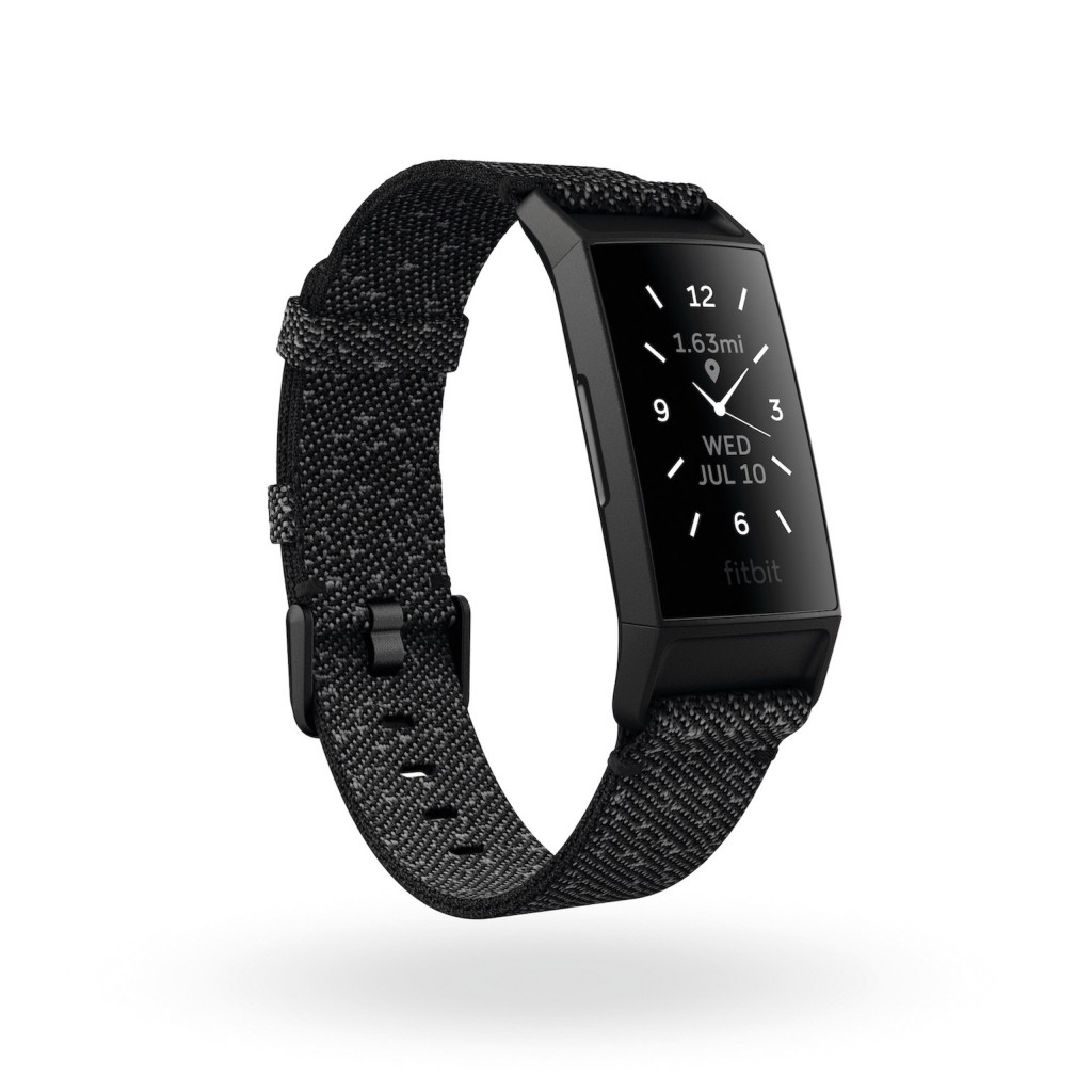 Product render of Fitbit Charge 4, 3QTR view, in Special Edition Granite and Black.