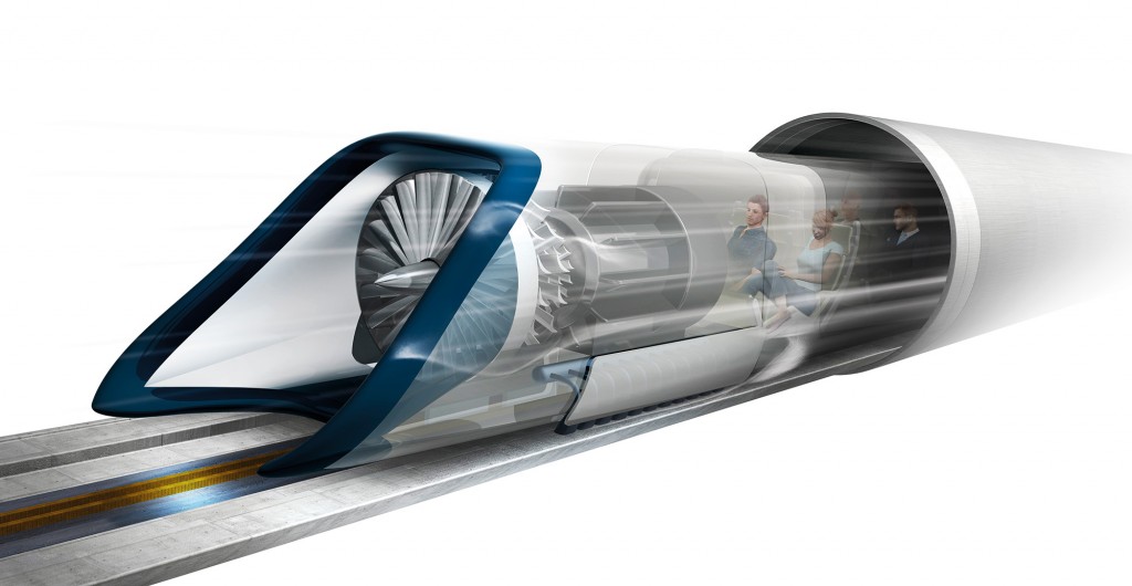 Hyperloop transport. Artwork of a planned high-speed transportation system known as the Hyperloop. Passengers are transported in pressurised capsules that ride on a cushion of air in tubes with reduced air pressure. It is thought that speeds of up to 1220 kilometres per hour could be attained. The initial design, by entrepreneur Elon Musk, was announced in August 2013 and is intended to run from Los Angeles to San Francisco in California, USA.