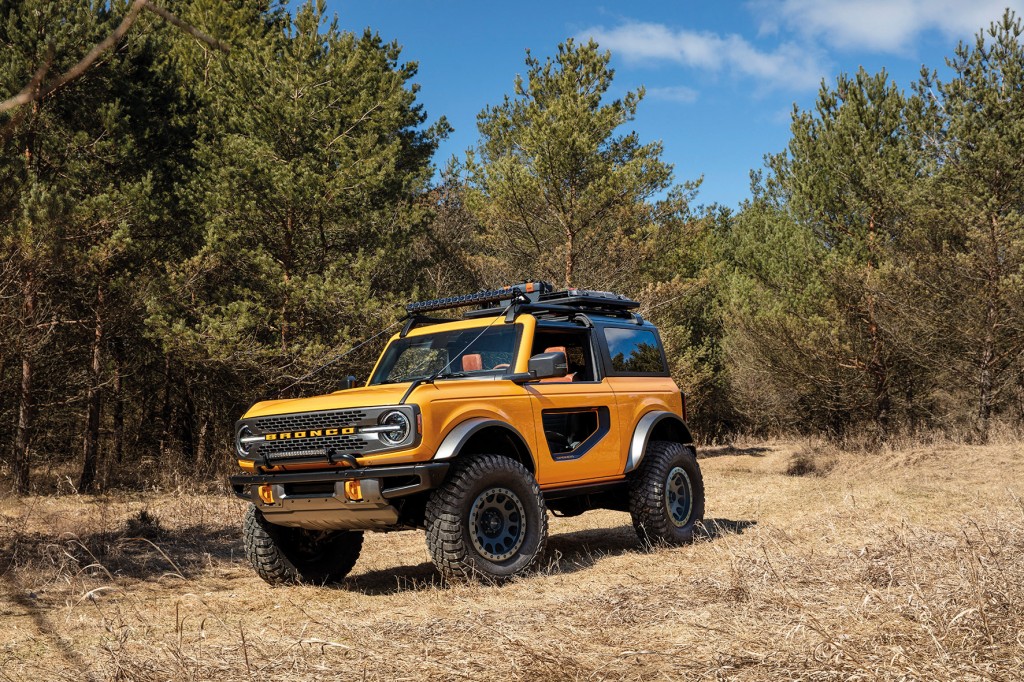 With more than 200 factory-backed accessories available at launch, this 2021 Bronco two-door prototype shows how owners can personalize their SUV to get more out of their outdoor experiences. (Aftermarket accessories shown not available for sale. Prototype not representative of production vehicle.)