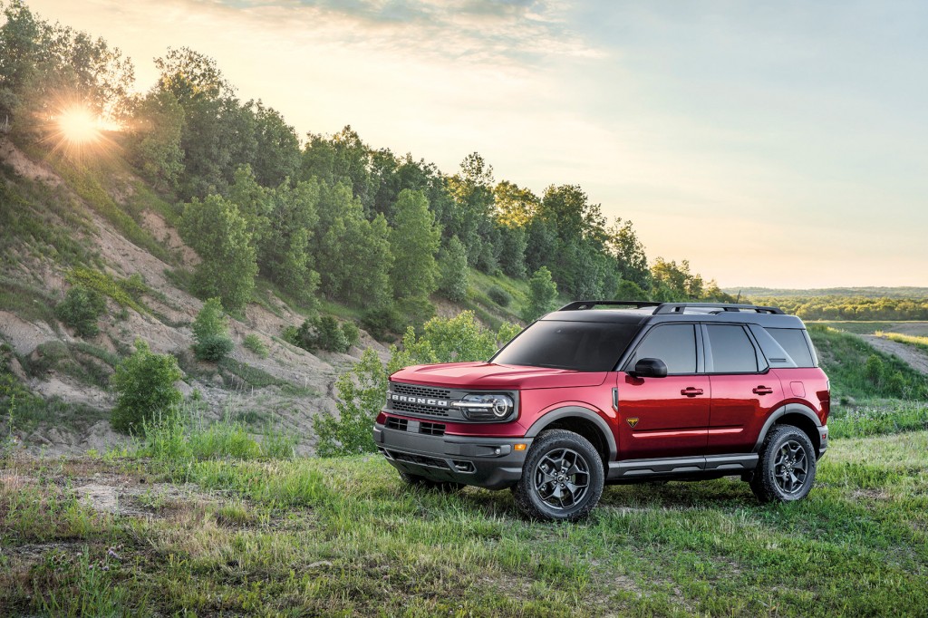 The all-new Bronco Sport Badlands series in Rapid Red Metallic Tinted Clearcoat. (Pre-production model pictured.)