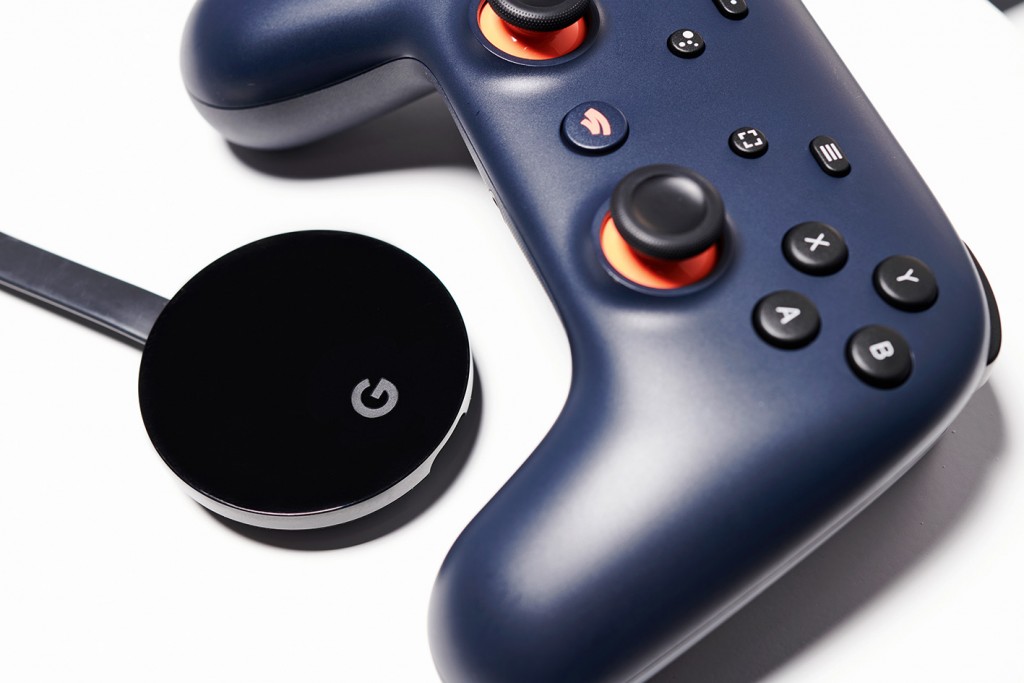 Detail of a Google Stadia video game controller and Chromecast Ultra device, taken on February 14, 2020. (Photo by Neil Godwin/T3 Magazine)