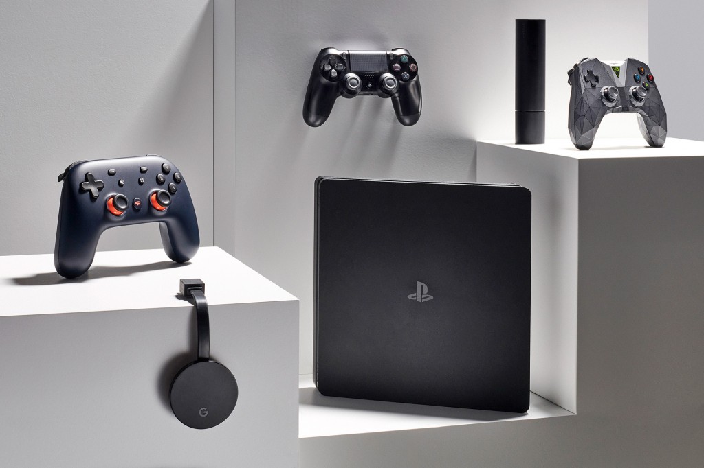 A trio of video game devices, including (L-R) a Google Stadia, Sony PlayStation 4 and Nvidia Shield TV, taken on February 14, 2020. (Photo by Neil Godwin/T3 Magazine)