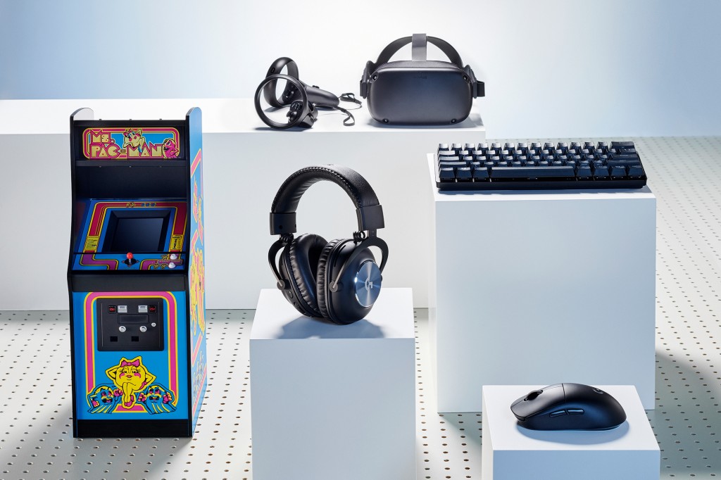 Numskull Ms Pac-Man Quarter Scale Arcade Cabinet, Oculus Quest VR headset, Logitech G PRO X Wireless Lightspeed gaming headset, Razer Huntsman Mini gaming keyboard, Logitech G PRO Wireless gaming mouse, taken on August 4, 2020. (Photo by Neil Godwin/T3 Magazine)