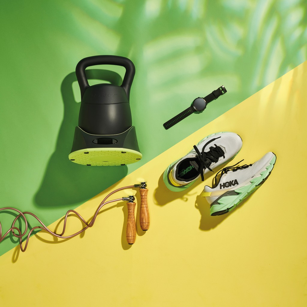 (Clockwise from top) JaxJox Kettlebell Connect, Suunto 7 Multisport Watch, Hoka One One Elevon 2 trainers and an Outshock Wooden Skipping Rope, taken on June 17, 2020. (Photo by Neil Godwin/T3 Magazine)