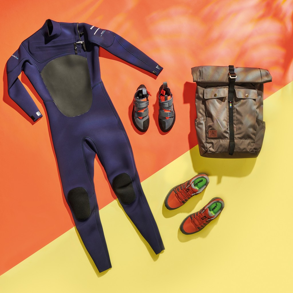 Finisterre Nieuwland 3E Eco wetsuit, Five Ten Kirigami climbing shoes, inov-8 Roclite 280 shoes and a Sherpa Yatra Adventure Pack, taken on June 15, 2020. (Photo by Neil Godwin/T3 Magazine)