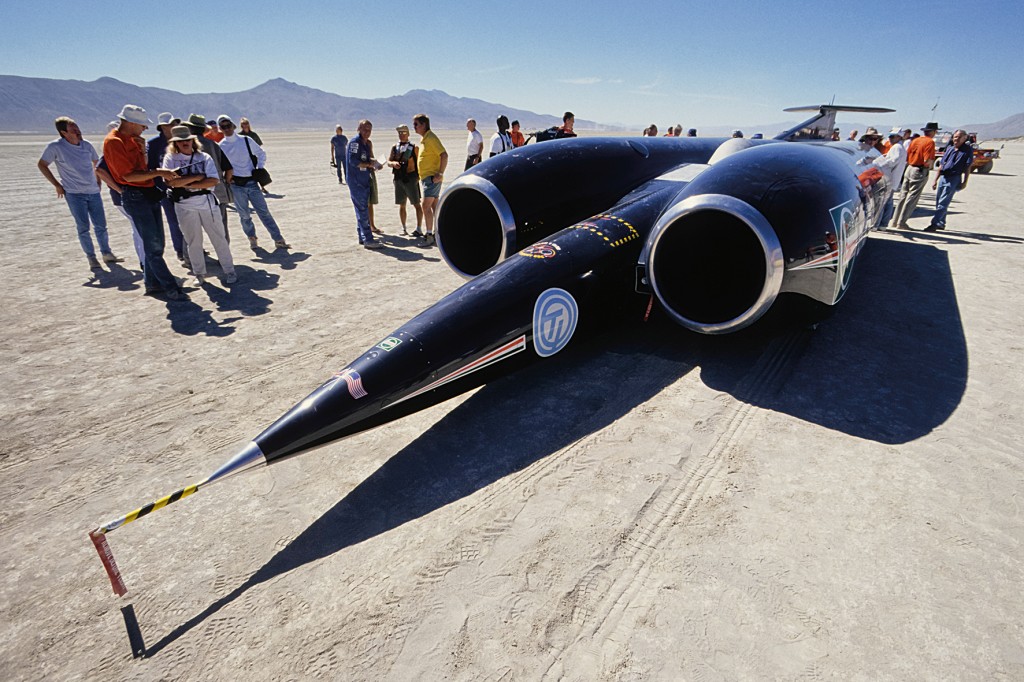BLACK ROCK DESERT, NV - SEPTEMBER 1997:  The Thrust SSC car is on display  September 1997 in the Black Rock Desert north of Reno, Nevada.  The car eventually set a series of land speed records, culminating in the first supersonic land speed record of 763 mph.  (Photo by David Madison/Getty Images)