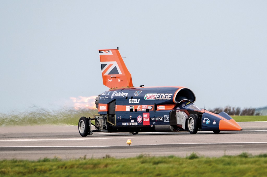 NEWQUAY, ENGLAND - OCTOBER 26:  The Bloodhound supersonic car, driven by Royal Air Force Wing Commander Andy Green, undergoes a test run at the airport on October 26, 2017 in Newquay, England. The Bloodhound supersonic car is taking part in its first high speed trials today and aims to break the current world land speed record in South Africa in 2019.  (Photo by Carl Court/Getty Images)