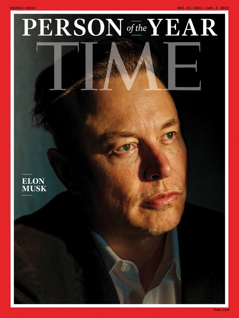 Elon Musk poses on the cover image of Time magazine's 2021 "Person of the Year" edition